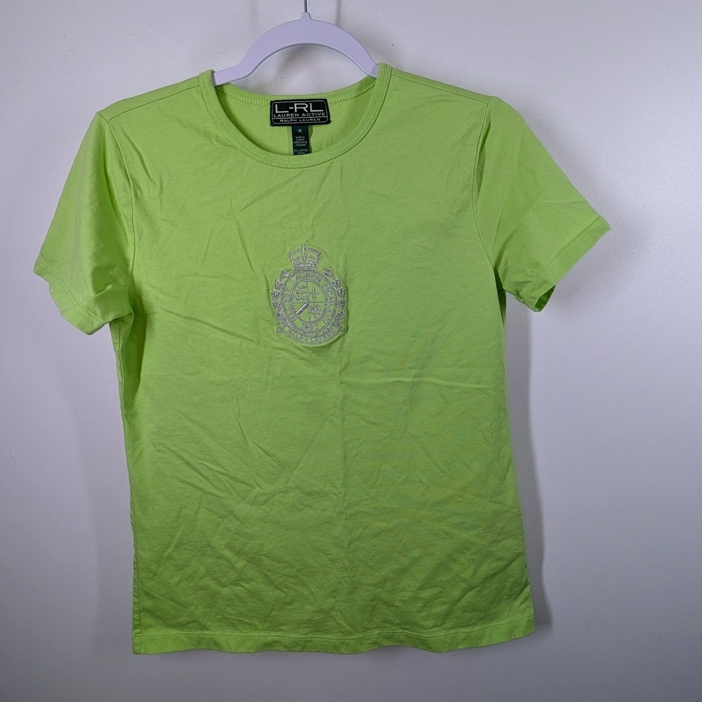 Lauren Ralph Lauren Active Women Lime Green Embroidered Crest Cotton Tee M - Picture 2 of 7